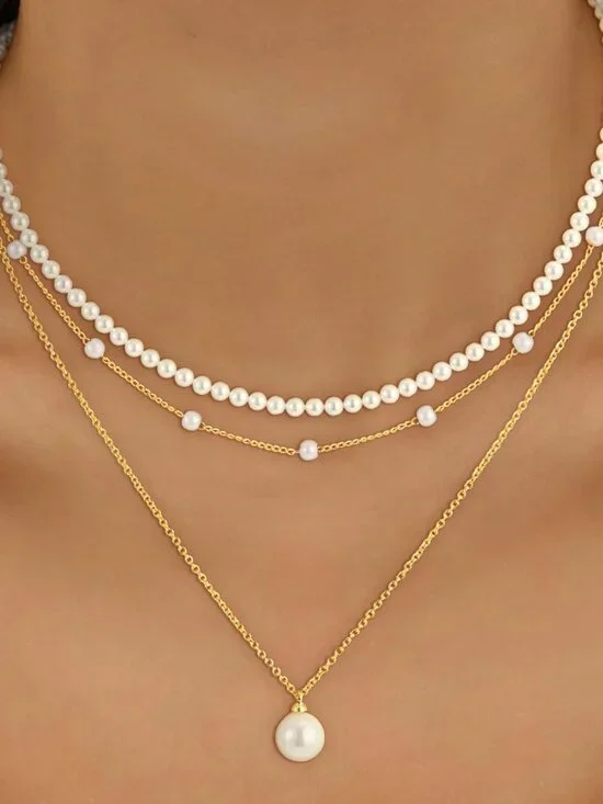 Pearl Necklaces for Women Girls, 18K Gold/Silver Plated Layered Pearl Necklaces - Picture 4 of 7